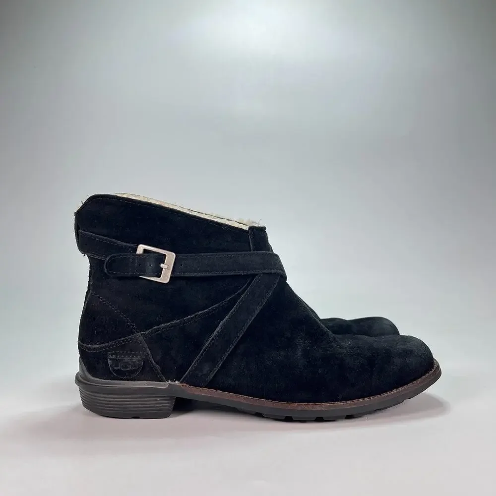 UGG Australia Benson Black Suede Sheepskin Slip On Ankle Boots Women's Size 7